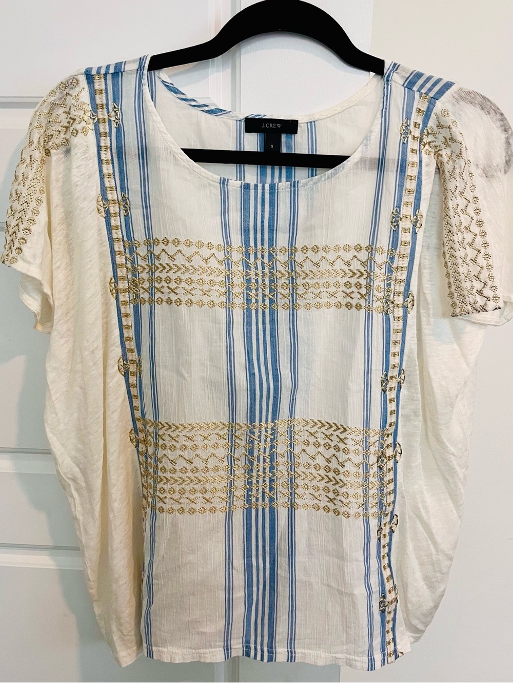 J. Crew Cream and Blue Embroidered Stripe Blouse